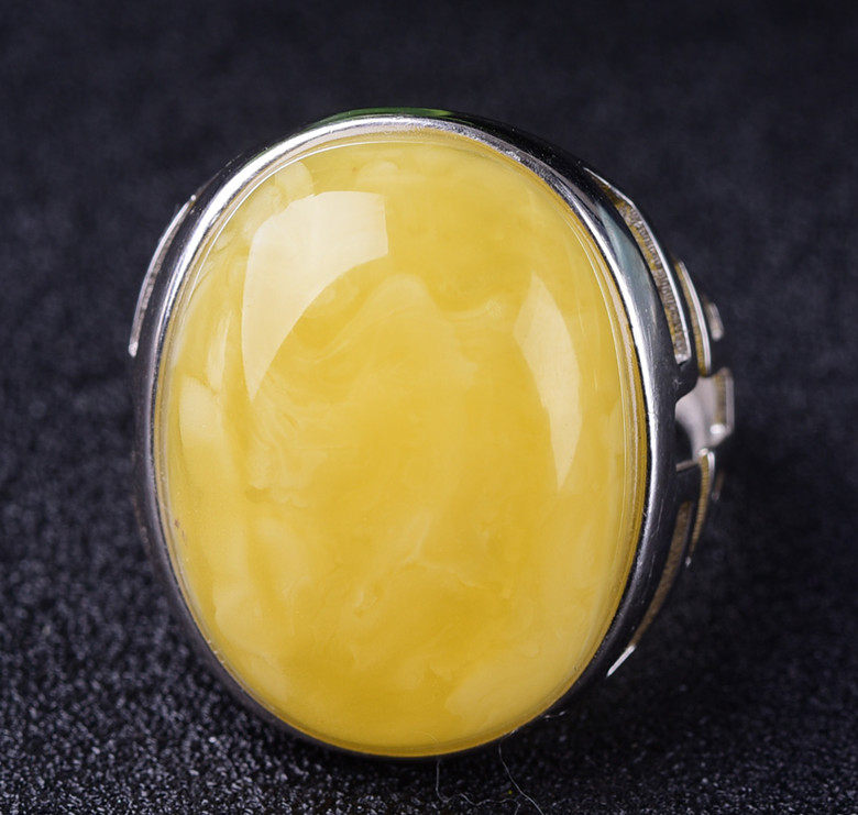 天然蜜蜡戒指蜜鸡油黄白花蜜蜡琥珀大蛋面戒指s925银镶嵌男女情侣