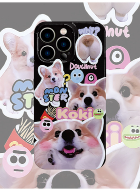 黑色底柯基菲林手机壳亮面适用苹果16promaxiphoneOPPORENO10PROFINDX5PRO荣耀MAGIC4PROVIVOX200IQOONEO6