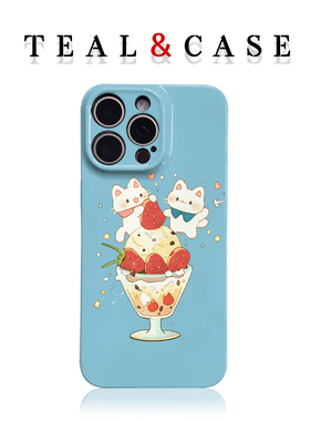原创冰激凌草莓猫蓝色手机壳适用苹果16promaxiphoneOPPORENO10PROFINDX5PRO荣耀MAGIC4PROVIVOX200IQOONEO6