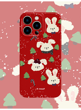 红色底冬日小兔菲林手机壳适用苹果16promaxiphoneOPPORENO10PROFINDX5PRO荣耀MAGIC4PROVIVOX200IQOONEO6