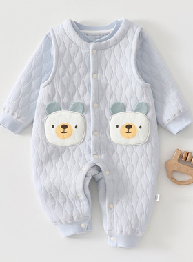 A类婴幼儿秋冬三层保暖夹棉连体衣马甲两件套宝宝外出家居服爬服