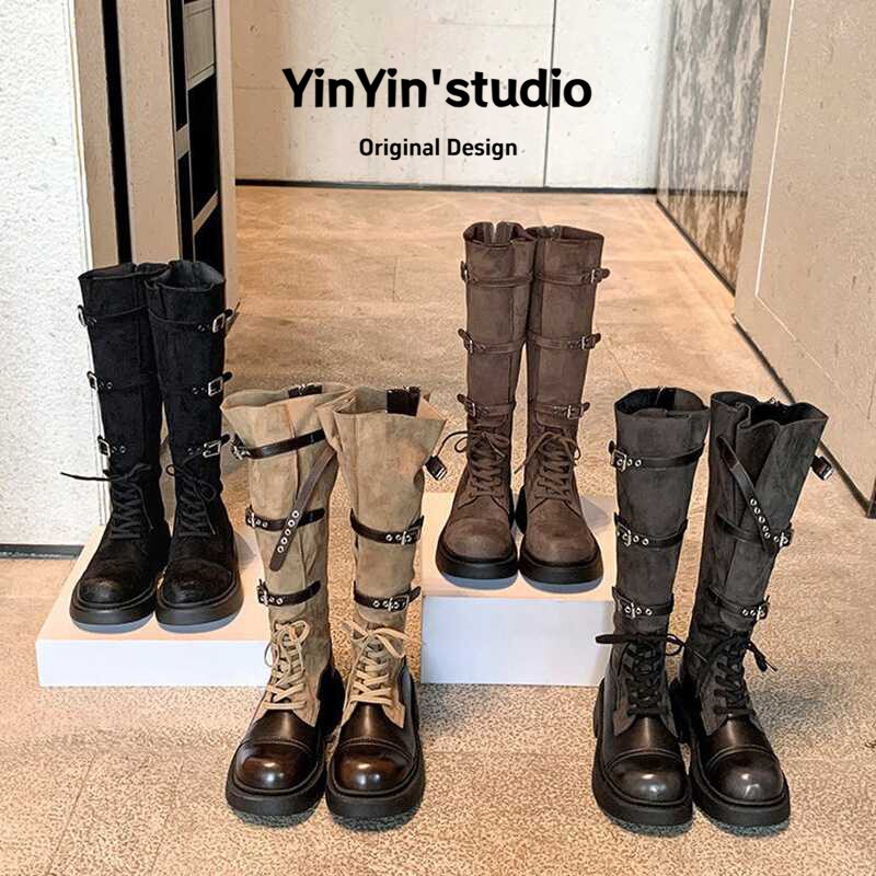 复古高帮绑带长筒靴不过膝骑士靴