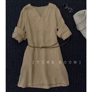 TIMEROOM【晴川裙影】夏季新款收腰显瘦汉麻v领复古连衣裙