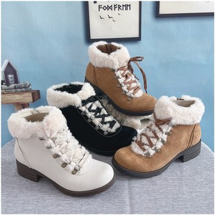 外贸短靴大码女鞋靴子牛反绒皮时装及踝靴粗跟侧拉链中跟秋冬矮靴