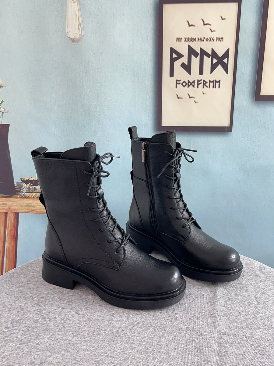 外贸俄罗斯单女士马丁靴真皮短靴短筒踝靴牛皮面加绒保暖冬季黑色