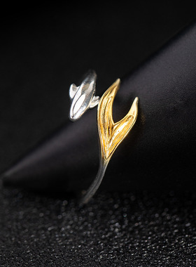 国潮锦鲤戒指925银金色鱼尾饰品