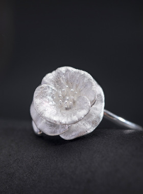 虞美人花戒指925银饰原创设计女