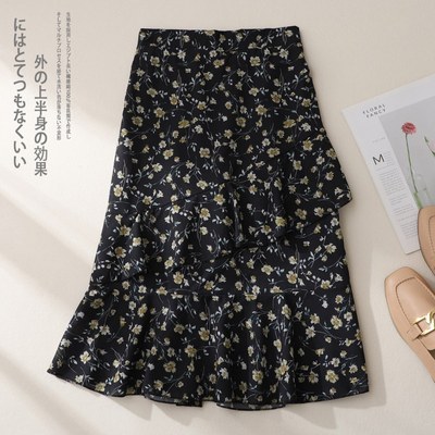 春夏2023新款松紧宽松碎花半身裙高腰显瘦不规则荷叶边裙雪纺裙女