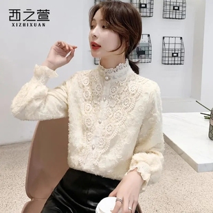 2023洋气时尚 女 欧货镂空小衫 网纱上衣潮秋冬加绒半高领蕾丝打底衫