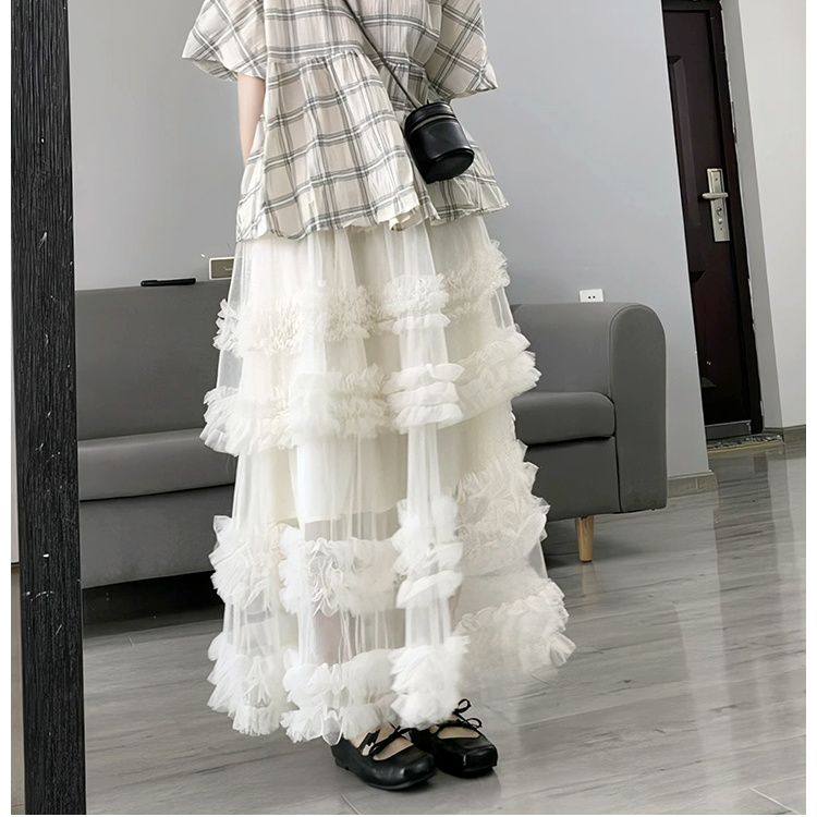 重工设计款花边蛋糕纱裙长女夏季甜美风高腰A字木耳边网纱半身裙