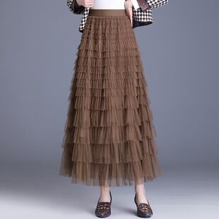 网纱蛋糕裙半身裙女秋冬2023新款高腰多层次中长款百褶裙a字纱裙
