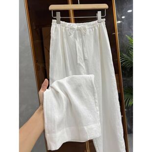 白色裤子女夏季新款薄款高腰宽松休闲抽绳纯色冰丝直筒阔九分裤女