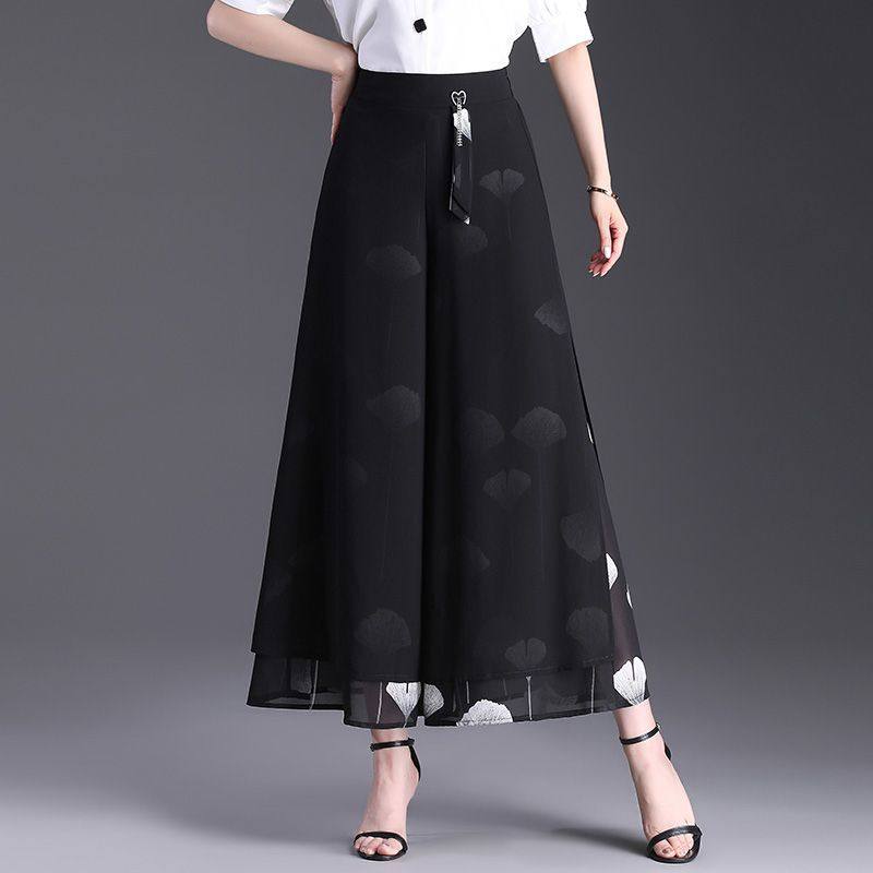 高腰雪纺阔裤女夏季开叉九分新款裤裙薄款印花裙裤宽松显瘦裤子