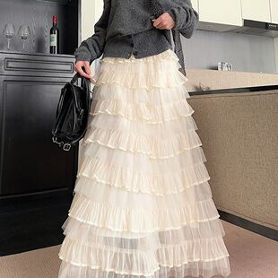 芭蕾网纱蓬蓬蛋糕新款 层次感高腰仙女显瘦半身裙纱裙长裙 裙女法式