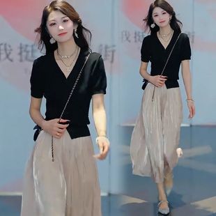 休闲裙裤 新款 洋气显瘦冰丝针织衫 裙微胖 流光纱裤 套装 时尚 女夏季