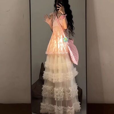 温柔韩系风网纱拼接层层蛋糕叠穿半身裙女2025春慵懒风ins长裙