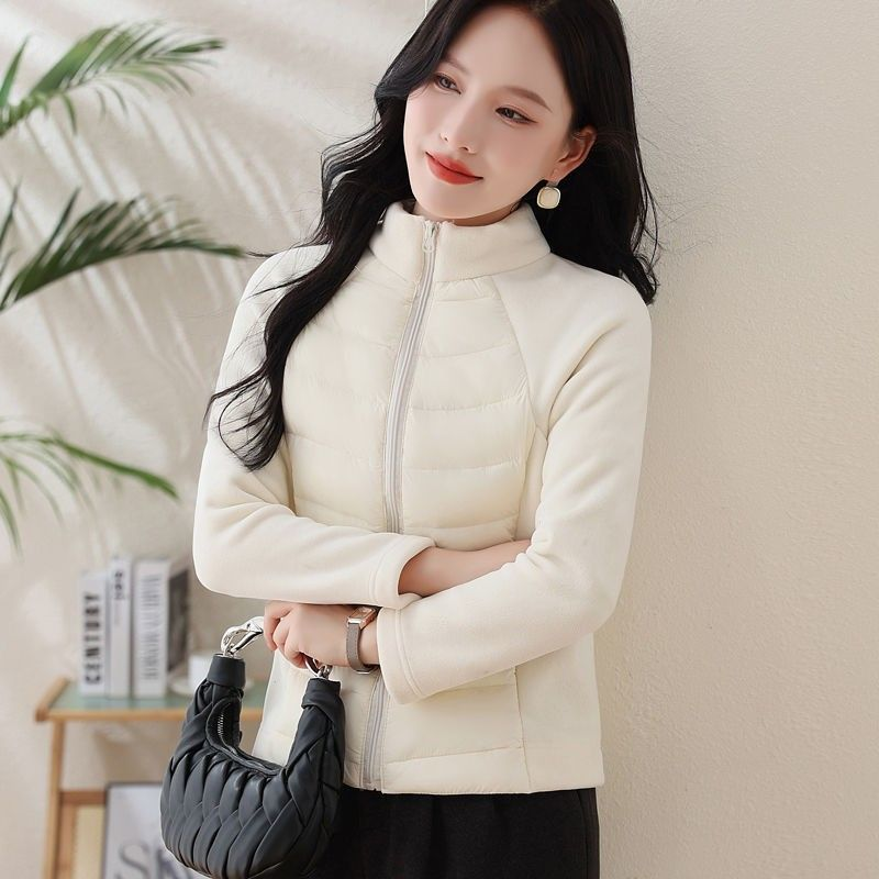 2025秋冬季新款立领轻薄夹棉丝服女拼接时尚运动跑步绒丝保暖外套