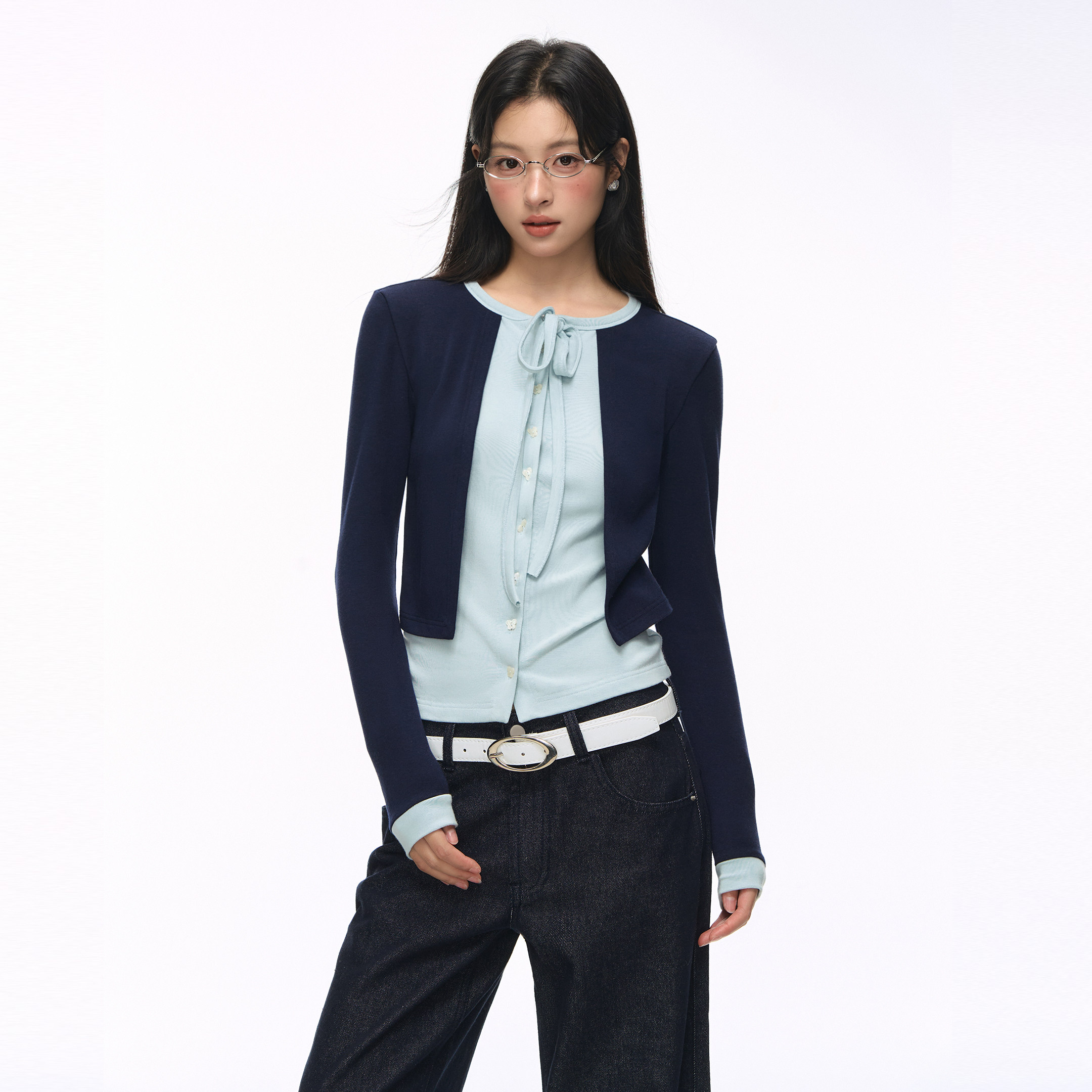 NS76秋冬小众设计感时尚撞色拼接假两件蝴蝶结绑带软糯针织开衫女