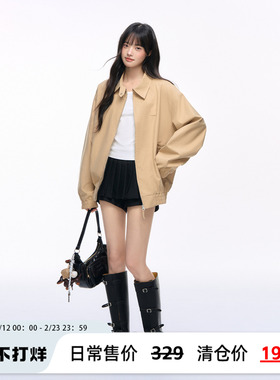 NS76 秋季新款翻领巴恩风宽松显瘦卡其色工装夹克女休闲上衣外套