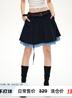 NS76低腰假两件tennis core网球风拼接a字半身裙格子条纹百搭中裙