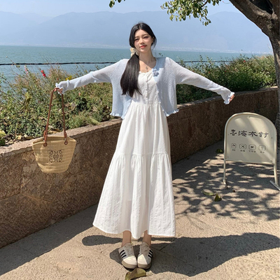 海边度假风白色吊带连衣裙两件套