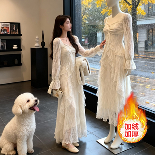 法式 气质温柔风荷叶边加绒加厚蕾丝连衣裙秋冬配大衣内搭打底长裙