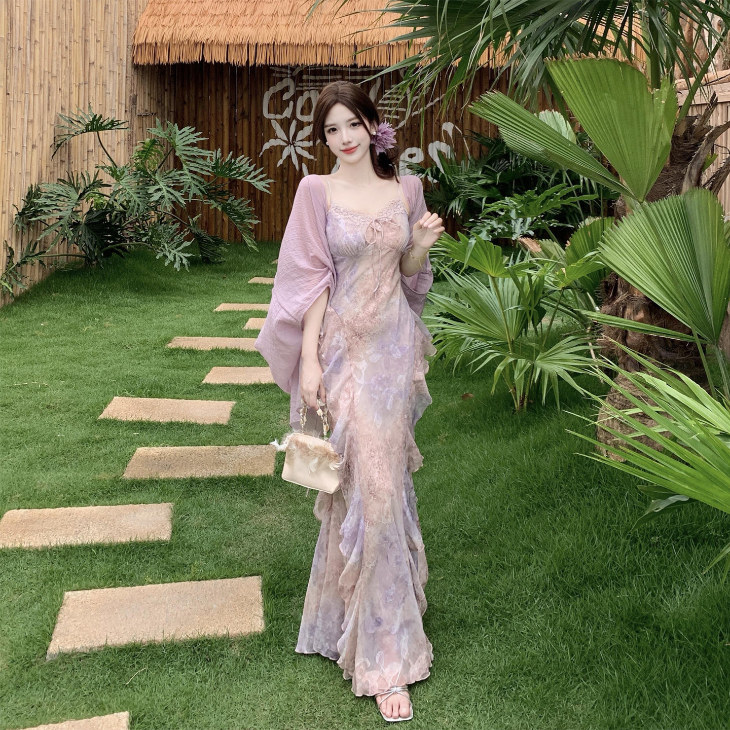 高级感海边度假风独特超好看紫色吊带连衣裙连衣裙鱼尾长裙两件套
