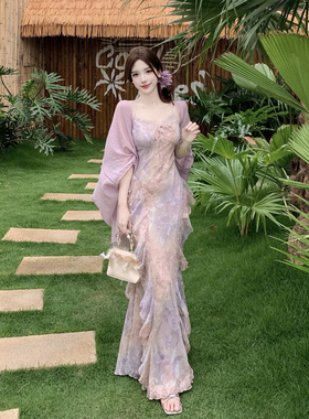 高级感海边度假风独特超好看紫色吊带连衣裙连衣裙鱼尾长裙两件套