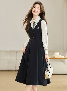 高级感学院风假两件拼接黑色连衣裙女秋季2025新款收腰气质长裙子