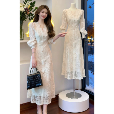 法式气质白色v领蕾丝长袖连衣裙