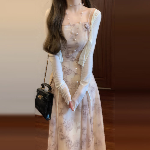 温柔风碎花吊带连衣裙开衫两件套