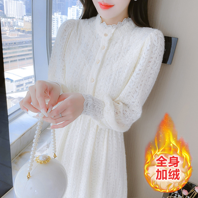 气质温柔风加绒蕾丝打底连衣裙女