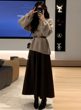 韩系巨好看的独特漂亮冬装一整套气质显瘦针织毛衣半身裙两件套装