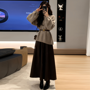 韩系巨好看的独特漂亮冬装一整套气质显瘦针织毛衣半身裙两件套装
