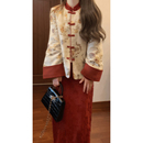 夹棉外套红色旗袍连衣裙两件套 裙减龄搭配一整套秋冬装 新中式 套装