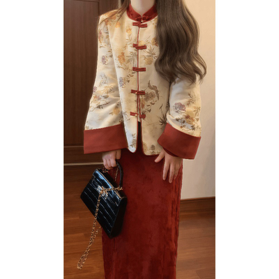 新中式套装红色旗袍连衣裙两件套