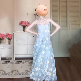 绝美独特漂亮花朵网纱吊带连衣裙子女夏季 海边度假风长裙 巨好看