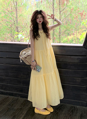 多巴胺绝美裙黄色格子连衣裙长裙女夏海边度假旅游穿搭宽松背心裙