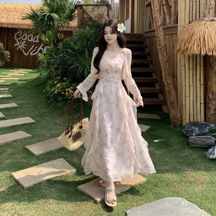 温柔风荷叶边碎花吊带连衣裙两件套装夏季海边度假独特漂亮长裙子
