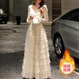 巨好看 加绒蕾丝白色蛋糕裙连衣裙秋冬天配大衣内搭生日裙子 法式