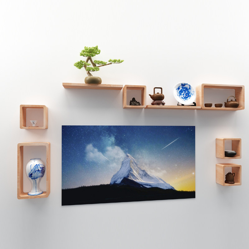 墙壁置物架实木一字板电视墙卧室餐厅背景墙展示创意格子装饰简约