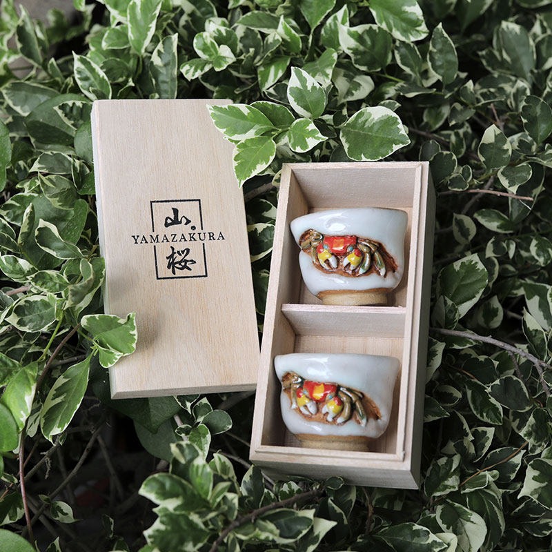 收藏山桜天神蟹杯二六烧水月烧乐山螃蟹茶杯公道宝瓶日式志野礼盒