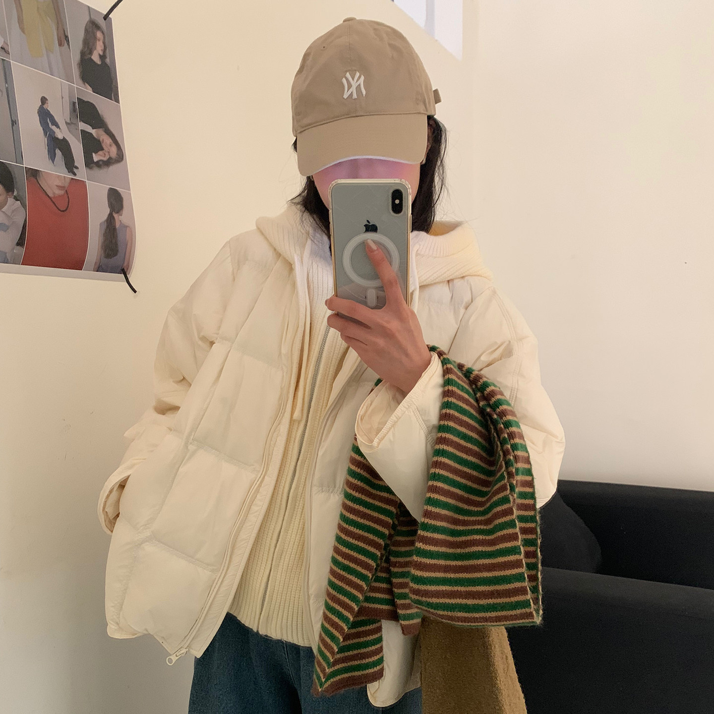 今年流行假两件针织连帽羽绒服女冬韩系设计感宽松加厚保暖外套