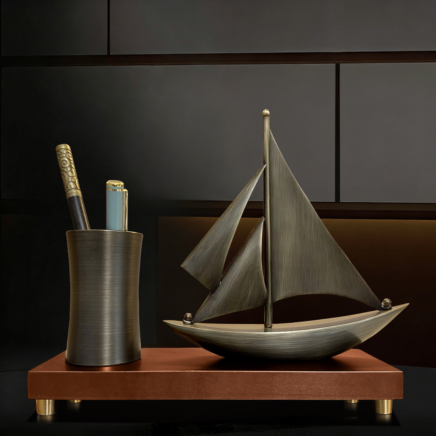 一帆风顺帆船笔筒摆件领导高档铜装饰品老板办公室桌面高级感礼物