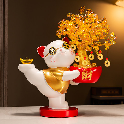 黄水晶发财树招财猫摆件开业礼物
