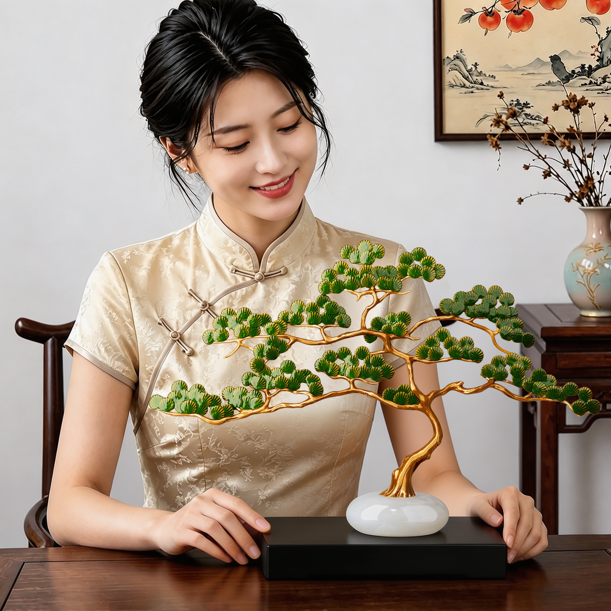 轻奢迎客松摆件新中式玄关入户柜前台茶台茶室办公室高档工艺礼品图片