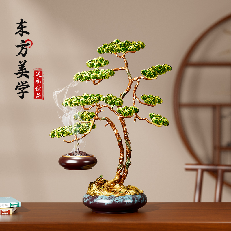 新中式玄关装饰摆件轻奢高档珐琅彩迎客松香炉客厅工艺品乔迁礼物