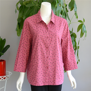 中老年妈妈纯棉七分袖印花衬衫妈妈上衣春夏衣服奶奶碎花衬衣开衫