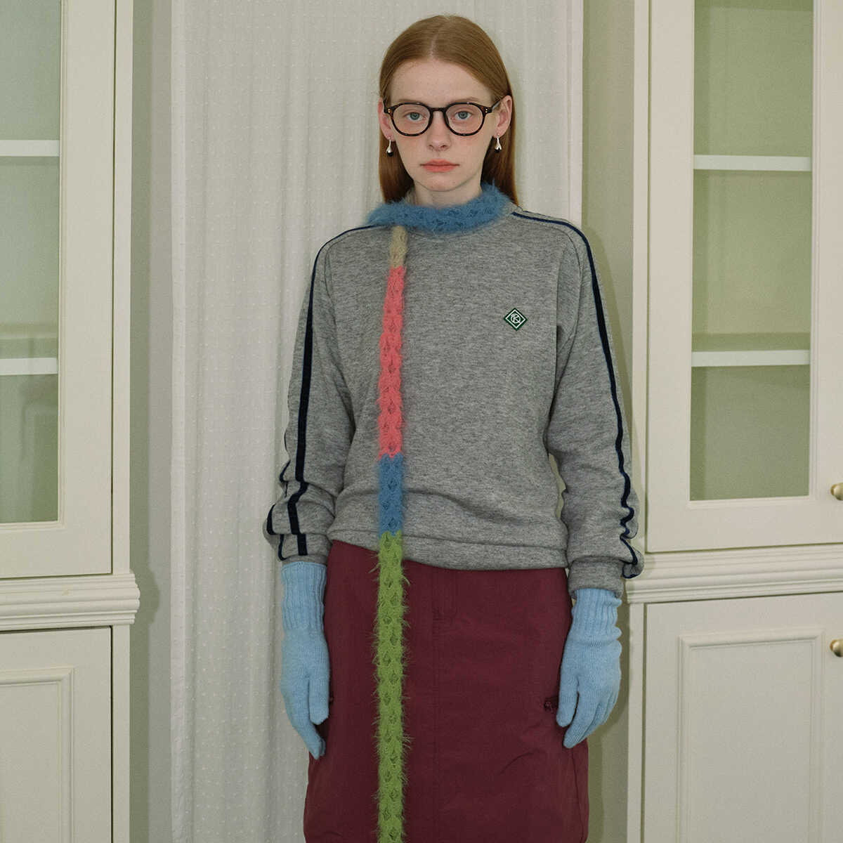 春山纺织 25AW小众爆炸单品 格林系穿搭 镂空拼色毛茸长条小围巾