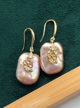天然紫色巴洛克珍珠镶花款铜镀18K真金耳坠耳环耳饰925银厂家直供
